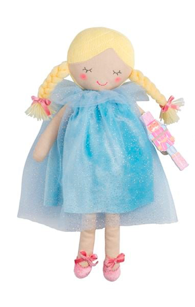 Nutcracker Plush Doll in a blue glittery dress with pink ballet slippers. Available in various sizes.