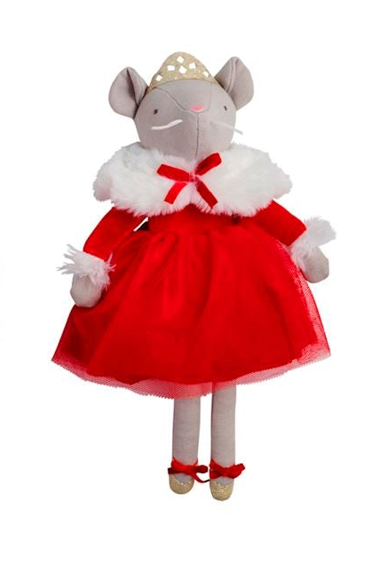Faux linen mouse Nutcracker plush doll with gold crown, white faux fur collar, red dress, and ballet slippers.
