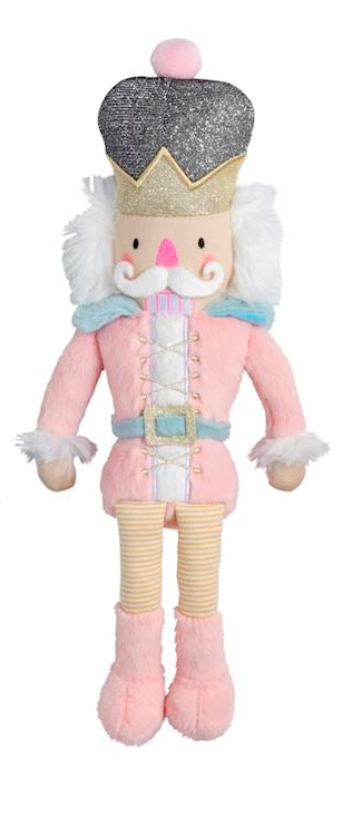 Pink Nutcracker plush doll with a sparkly silver and gold crown and blue-trimmed uniform.