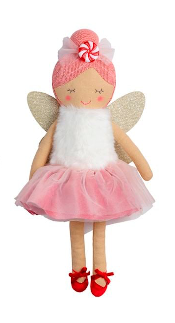 Nutcracker Plush Doll with faux linen finish, pink tutu, furry bodice, gold wings, red slippers, and peppermint hair accessory.
