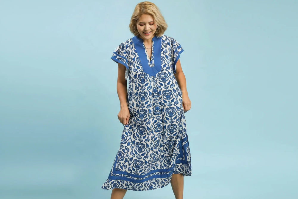 Blue Abstract Two Tone Print Midi Dress, available in sizes XS to XL.
