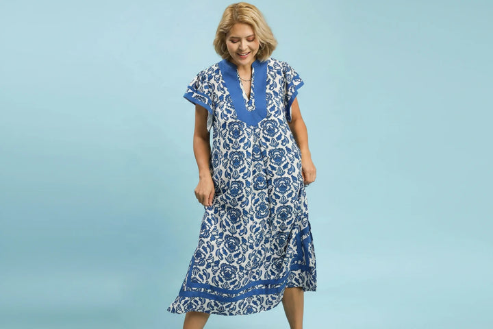 Blue Abstract Two Tone Print Midi Dress, available in sizes XS to XL.