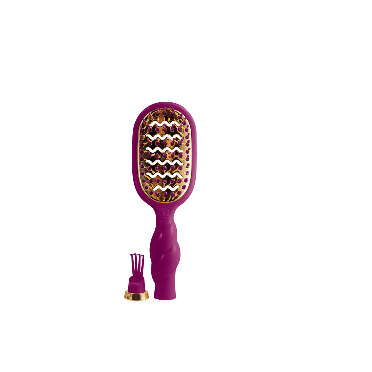 The Mini Vented Hair Brush - Mulberry features a wavy, vibrant purple body with gold bristles; available in mini size for detangling and styling.