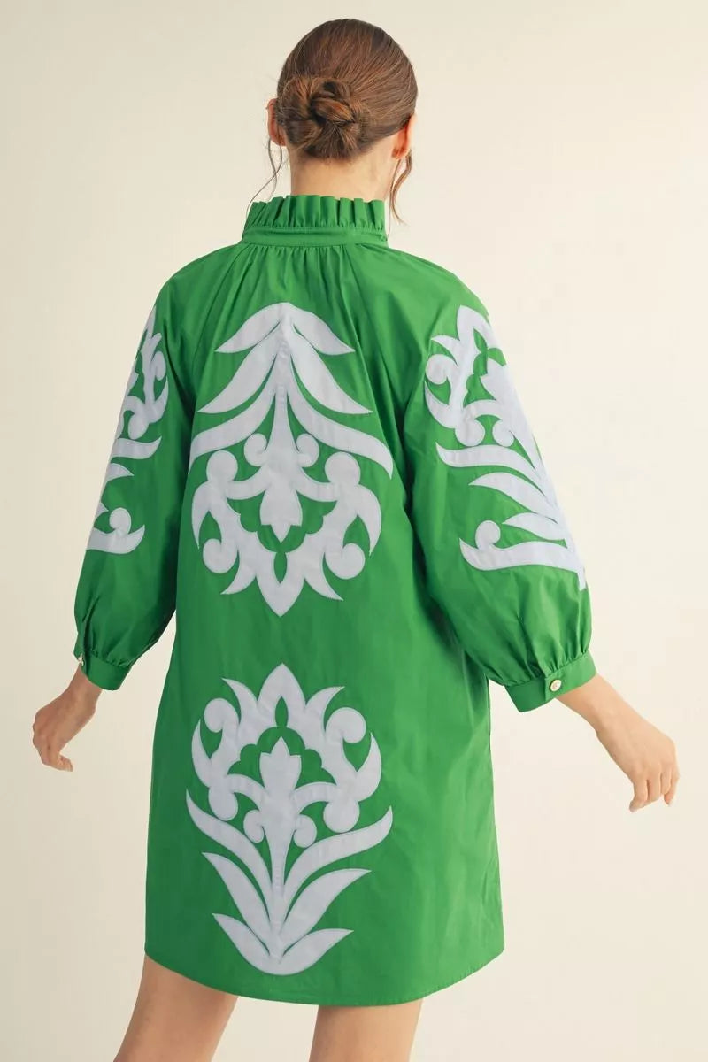 Kelly Green and Light Blue Baroque Appliqué Shift Dress with white ornate patterns. Available in sizes XS–XL.
