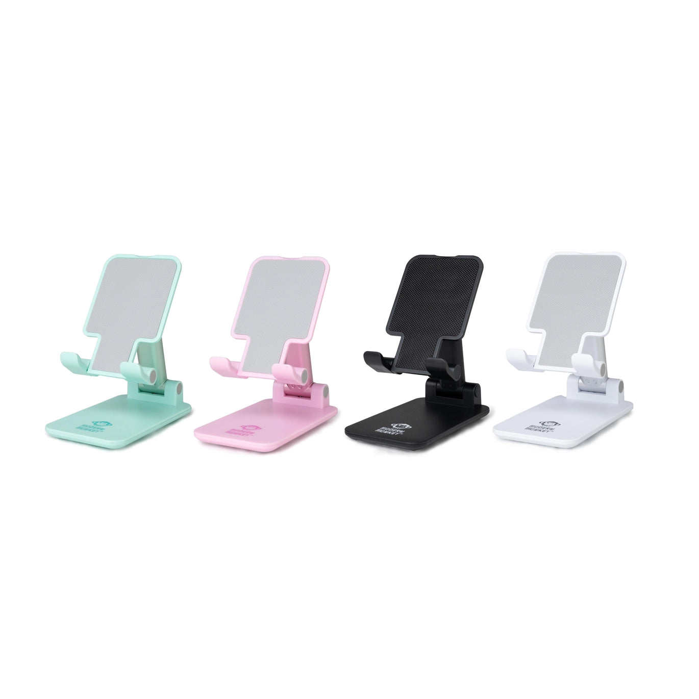 Hold The Phone Folding Tech Stands in mint green, pink, black, and white. Adjustable; mesh backing. Sizes: small, medium.