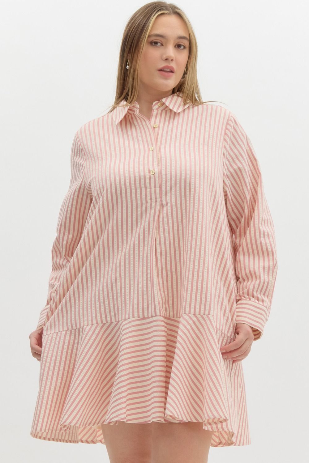 Striped Collared Tiered Dress: pink and white stripes, long sleeves, collar, gold buttons, ruffled hem. Sizes XS-XL.