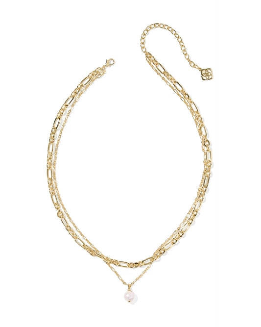 Gold multi-strand necklace with freshwater pearl pendant, adjustable clasp. Available sizes: 16", 18", 20".