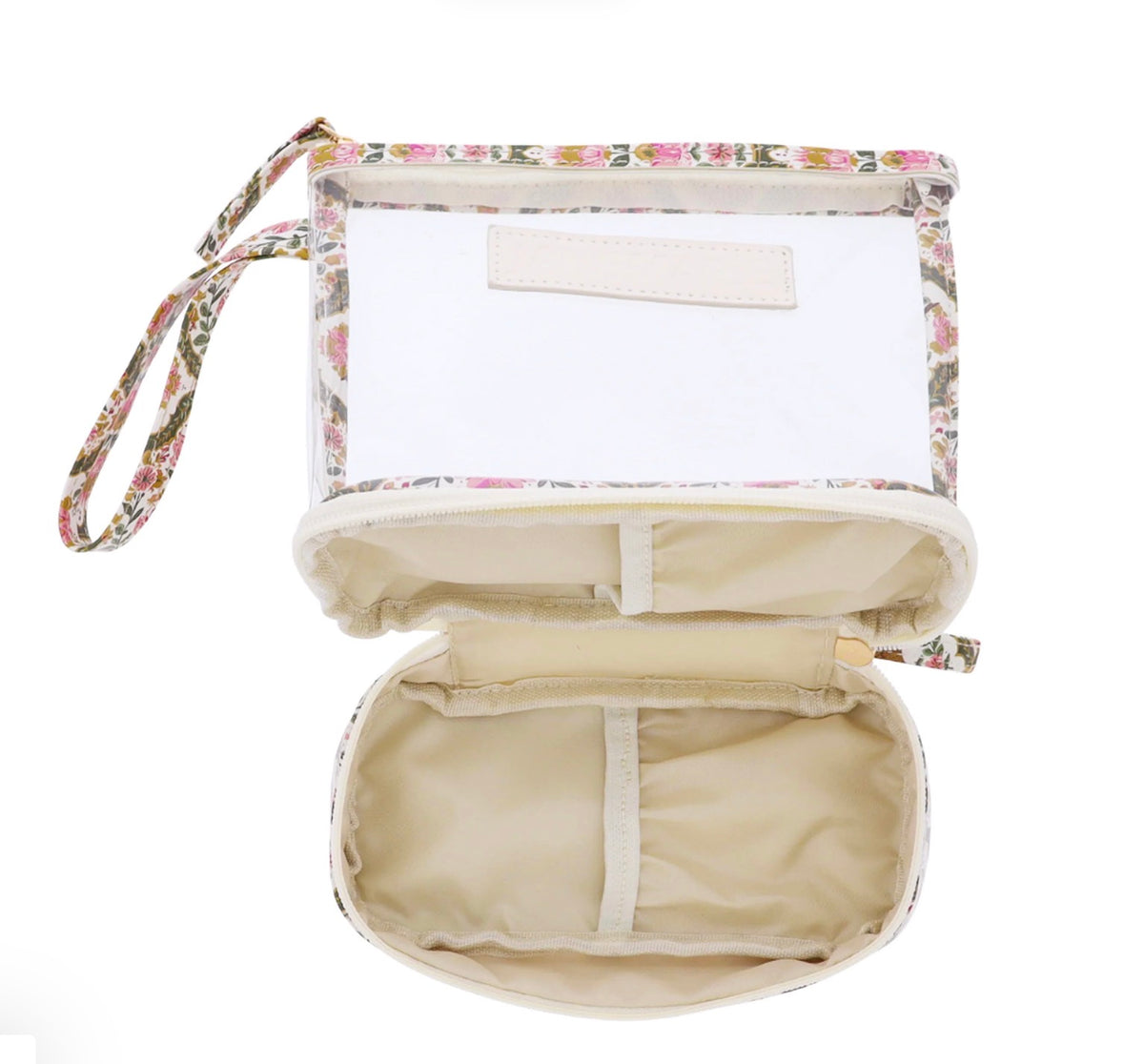 Rectangular floral cosmetic bag with wrist strap and beige interior featuring organized compartments; available in Small size.