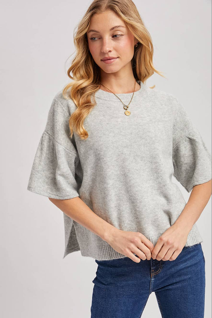 Light gray heathered gathered short sleeve boxy knit sweater top. Sizes: M/L.