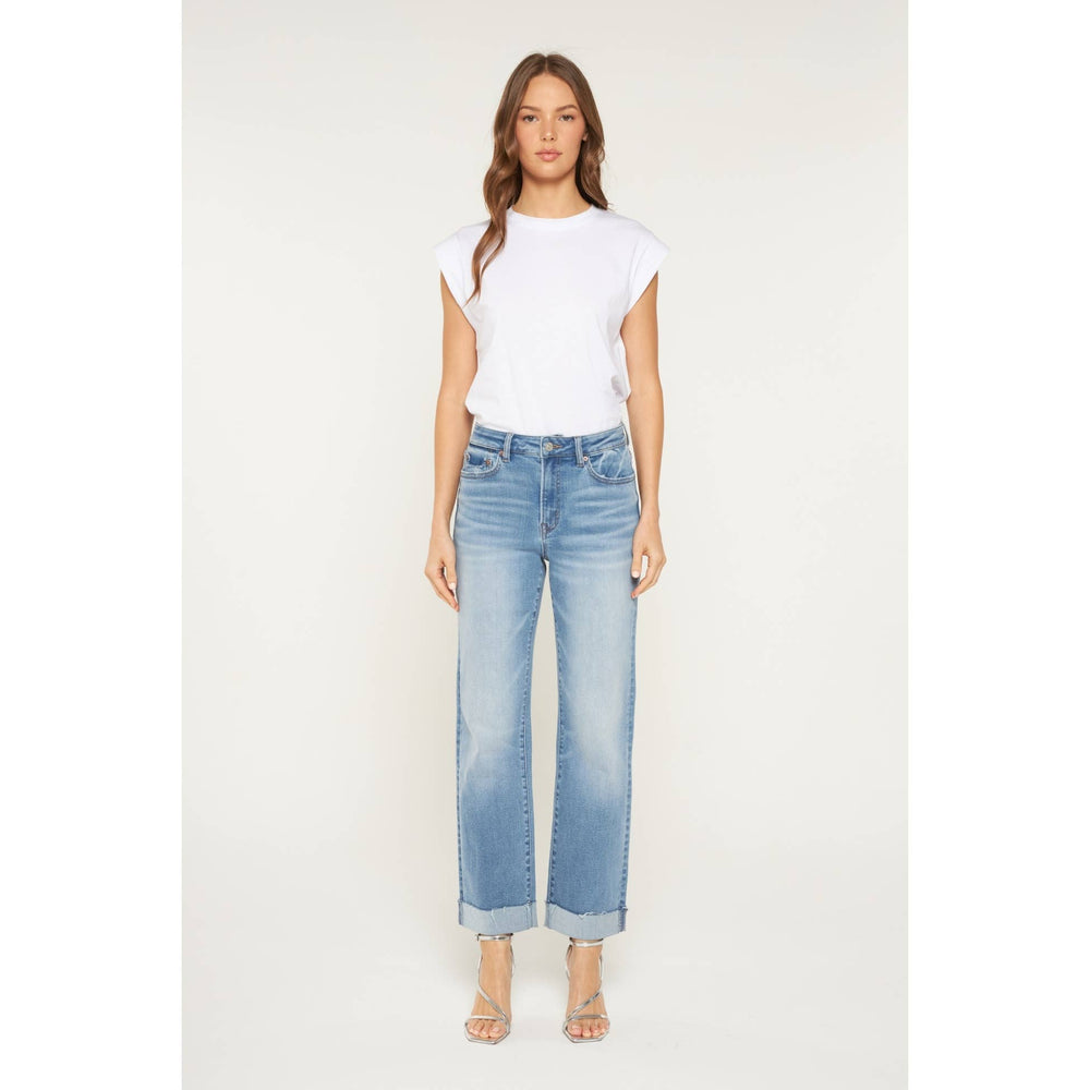 High-rise straight-leg cuffed jeans in Queen Blue, size 32.