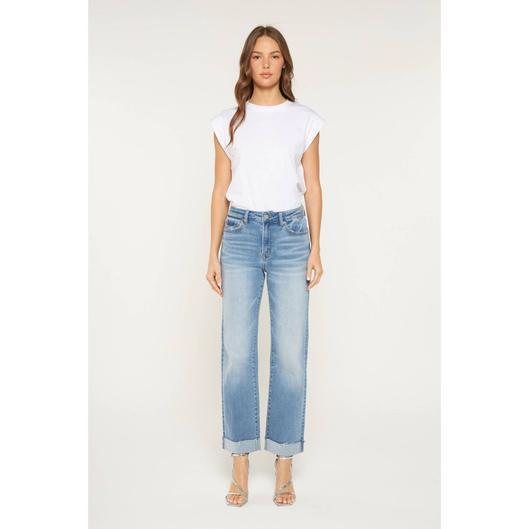 Light blue high-rise straight-leg jeans with cuffed hems, size 25.