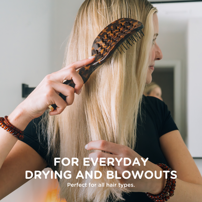 Vented Hair Brush | Tortoise, designed for all hair types, features a vented design to speed up drying and styling. Available sizes: Regular and Mini. Text on image reads: “For everyday drying and blowouts. Perfect for all hair types.”.