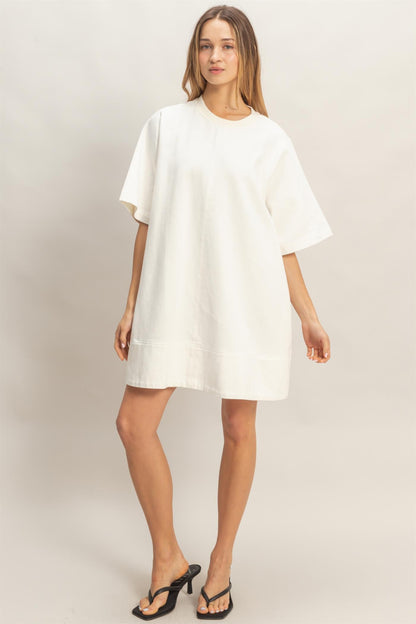 White Crew Neck Denim Tunic with short sleeves. Available in sizes XS-XL.
