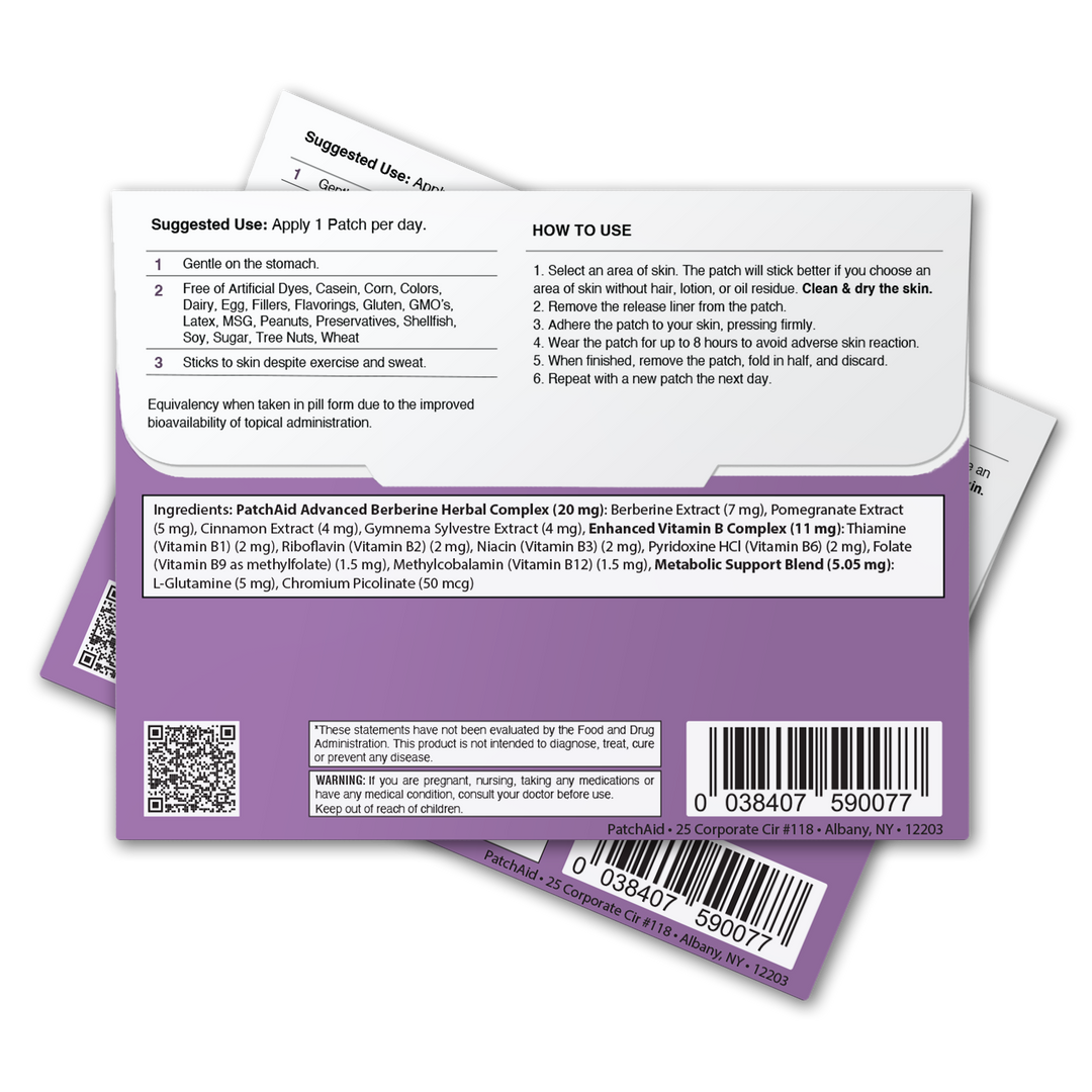 Two packets of Berberine Patch – GLP-1 Support &amp; Appetite Control are shown, each with instructions and a list of ingredients. The plant-based patches offer targeted metabolism support. “One Patch” size indicated; barcode appears at bottom right.