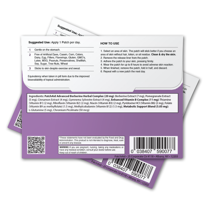 Two packets of Berberine Patch – GLP-1 Support &amp; Appetite Control are shown, each with instructions and a list of ingredients. The plant-based patches offer targeted metabolism support. “One Patch” size indicated; barcode appears at bottom right.