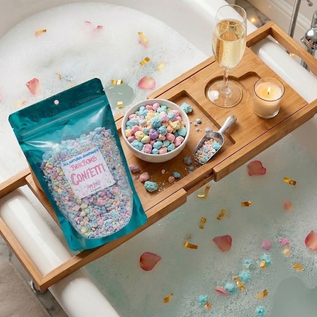 Bath Bomb Confetti in a bowl with a scoop on bathtub tray. Available in small, medium, and large sizes.