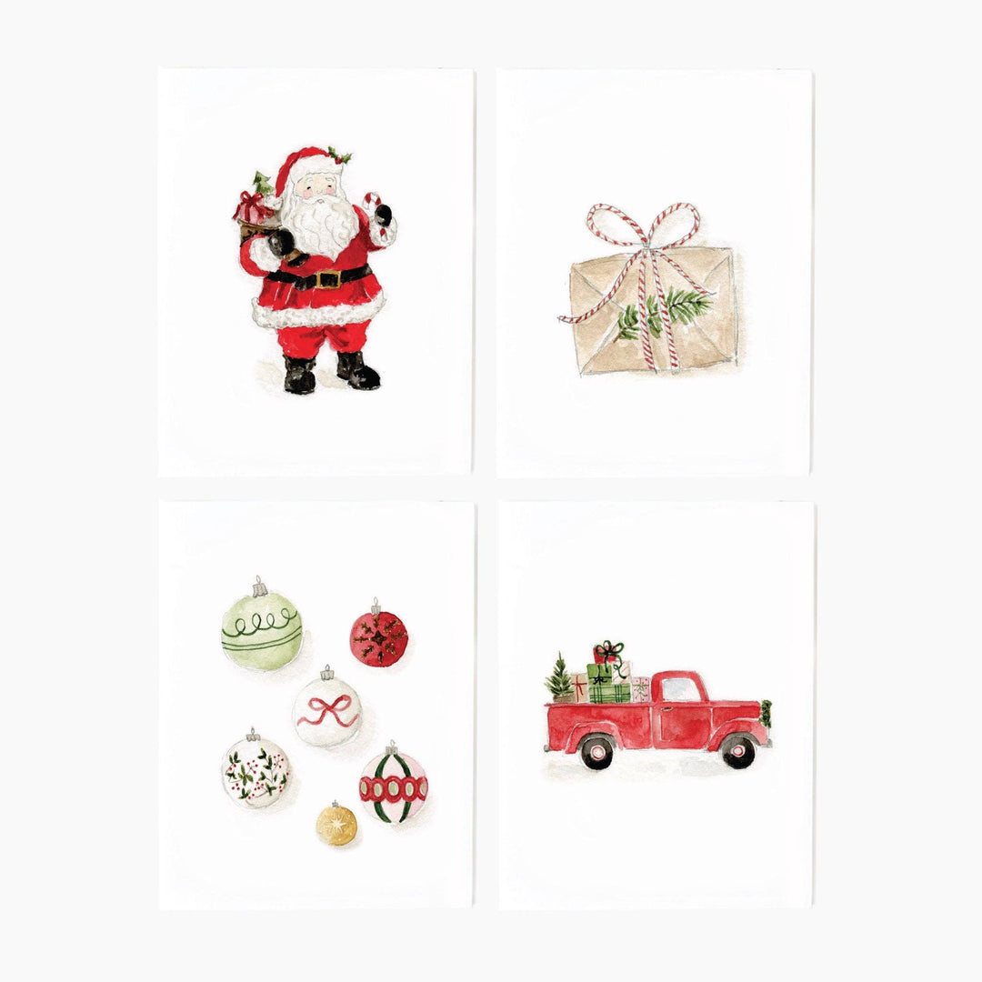 Classic Christmas assorted notecard set featuring four watercolor designs: Santa, a gift, ornaments, and a red pickup truck.