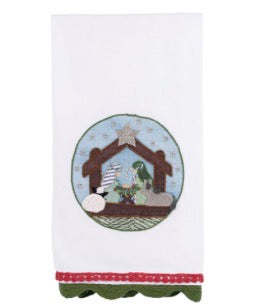 Nativity Stable Tea Towel with embroidered circular scene and red and green scalloped border.