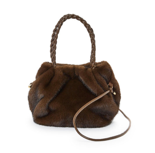 Brown faux fur bag with braided handles, detachable shoulder strap. Available sizes: small, medium, large.