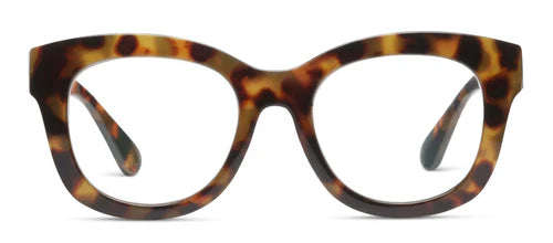 Peepers Progressives - Center Stage Tortoise eyeglasses with thick cat-eye tortoiseshell frames and blue light technology. Available in sizes small, medium, and large.