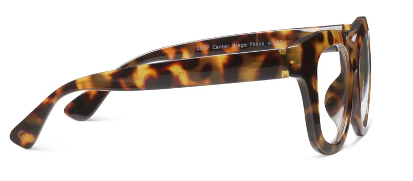 Peepers Progressives Center Stage Tortoise eyeglass frames with round lenses, thick tortoiseshell arms, and UV400 protection. Available in narrow, average, and wide sizes.