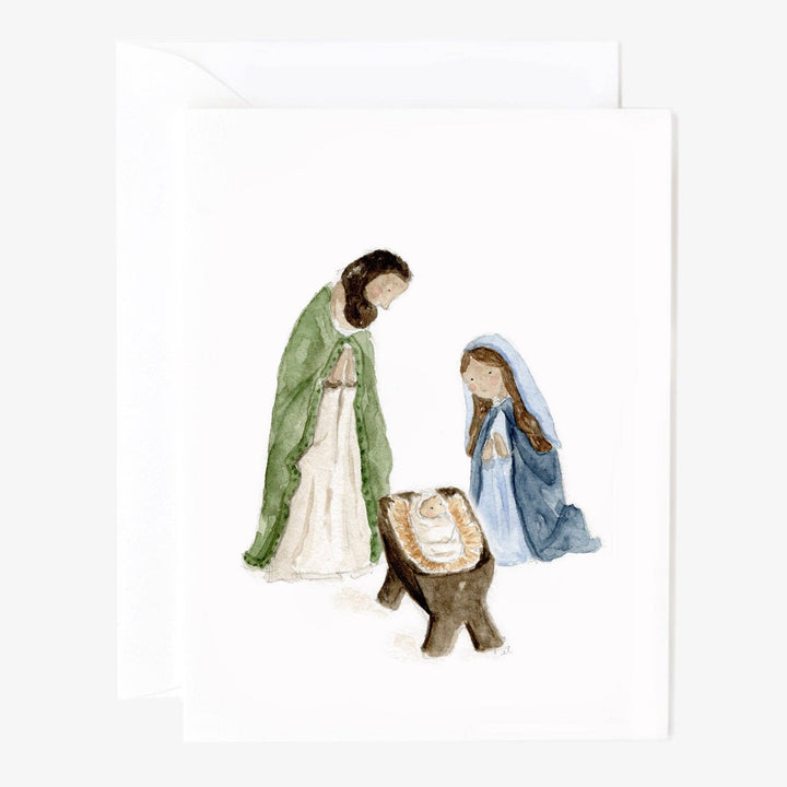 Holy family notecard set featuring a nativity scene. Available in various sizes.