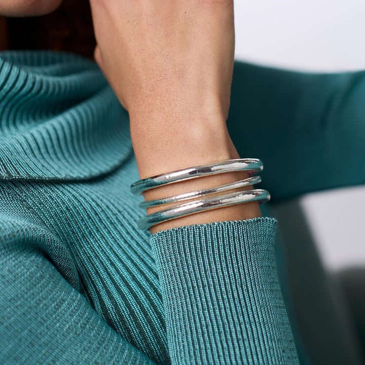 Havana Demi Bangle Silver shown stacked on wrist; size M, also available in S and L.