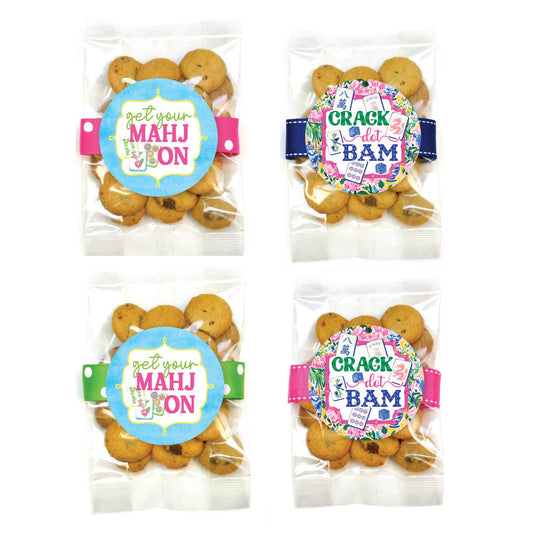 Set of four small Mahjong Chocolate Chip Cookie bags, each with colorful "Get your MAHJ ON" or "CRACK dot BAM" labels.