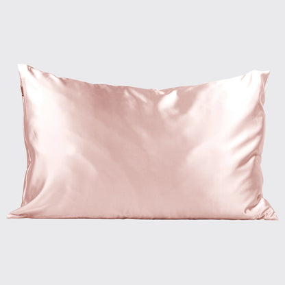 The Satin Pillowcase - Blush: Light pink satin, smooth texture, prevents hair frizz, sizes available: Standard, Queen, King.