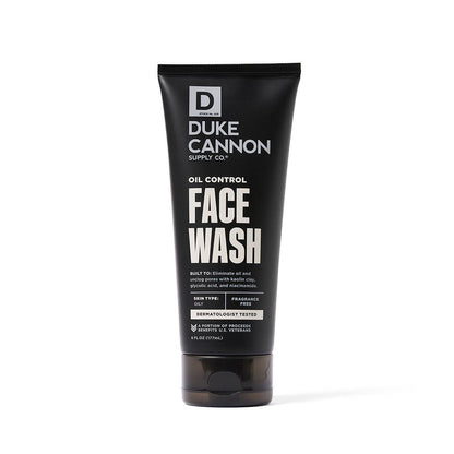 Duke Cannon Oil Control Face Wash, black tube, fragrance-free, for oily/acne-prone skin; available in 6 oz and travel sizes.