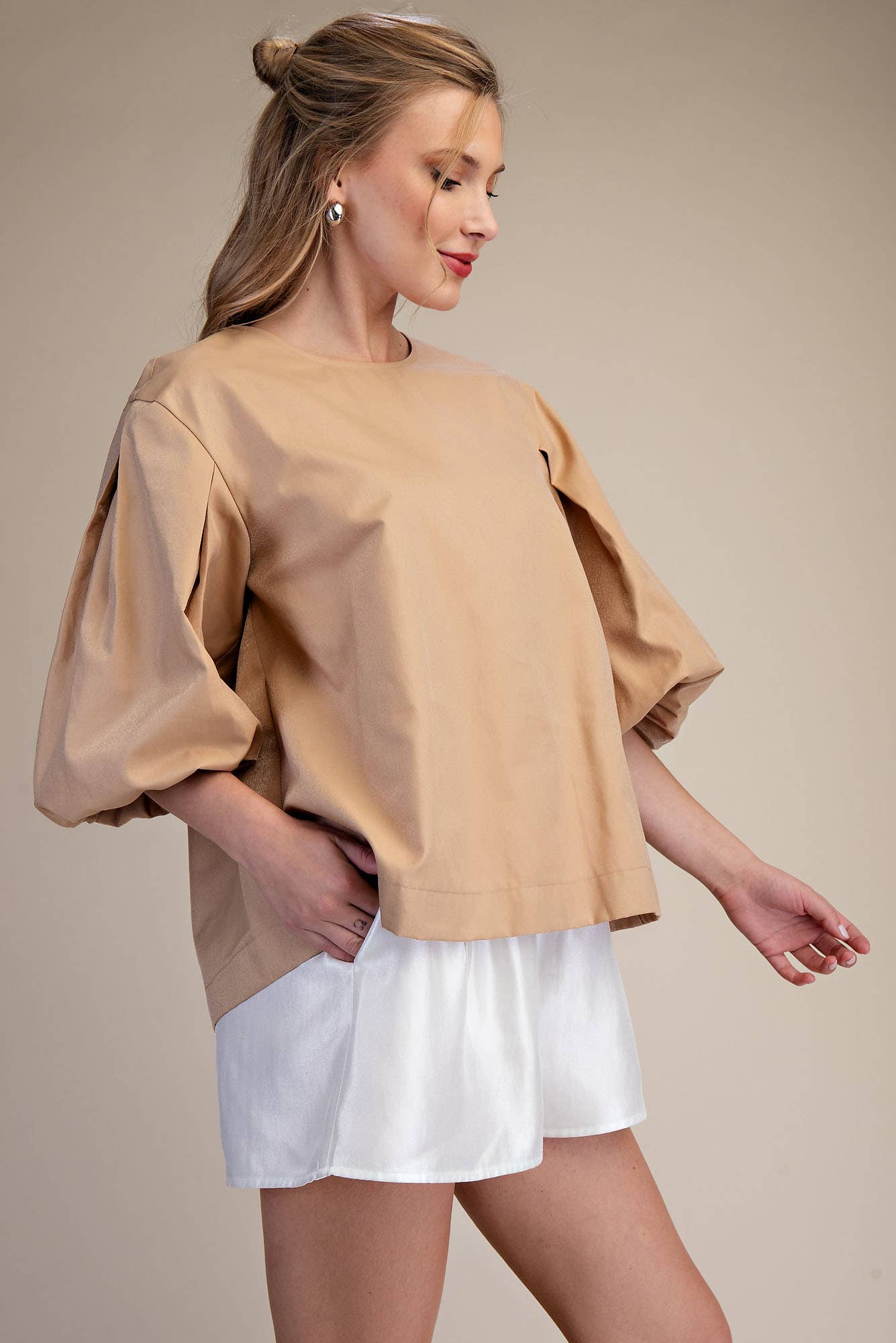 Taupe Round Neck Voluminous Puff Sleeve Top, available in sizes XS-XL.