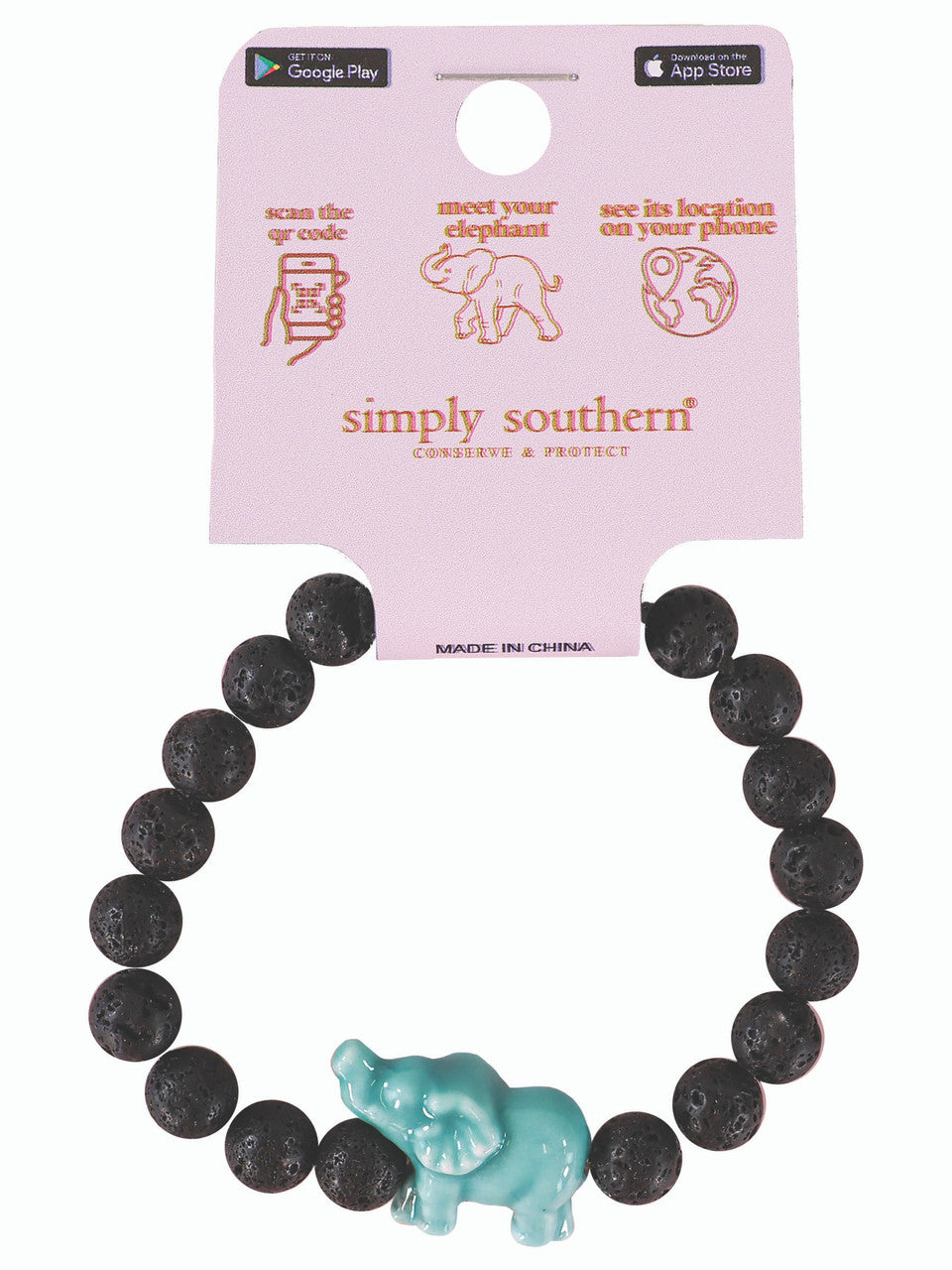 Simply Southern Elephant Track Bracelet: Black beads, turquoise elephant charm, pink card with QR code for location tracking. Conservation message included. Sizes available: One size.