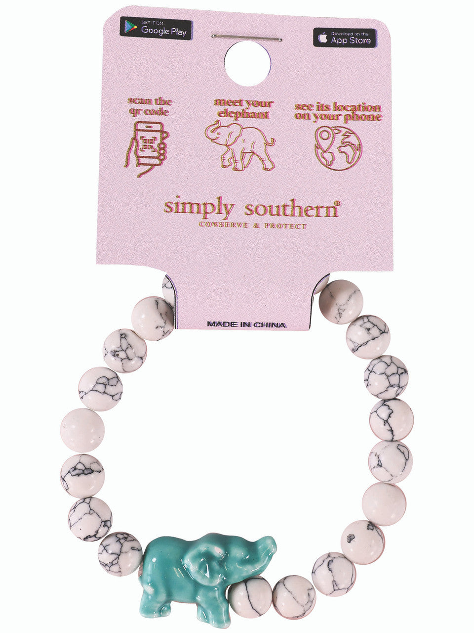 The Simply Southern Elephant Track Bracelet features white marbled beads and a small teal elephant charm at the center. Available in one size. Made in China.