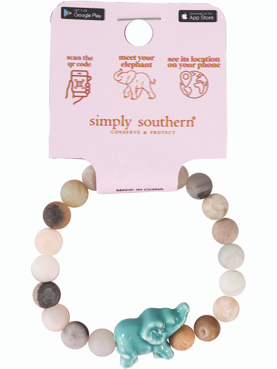 Simply Southern Elephant Track Bracelet: multicolored beads, central blue elephant charm. Sizes: Adjustable. Packaging has QR code for tracking via phone app and logos for Google Play and App Store included.