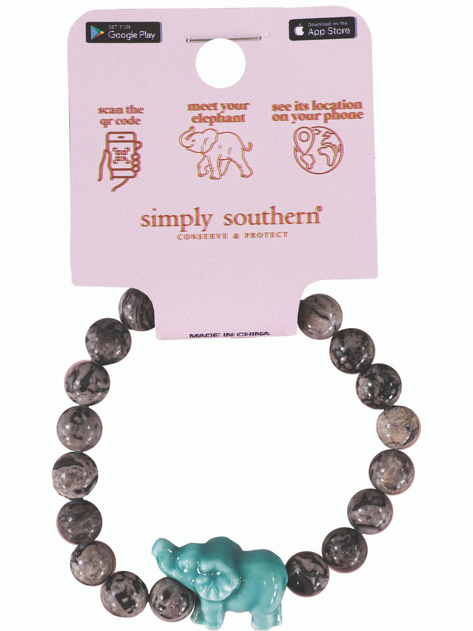 The Simply Southern Elephant Track Bracelet features dark, marbled beads with a blue elephant charm. Sizes: One size fits most. 