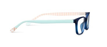 Beach Read - Navy/Summer Stripe blue light glasses with dark blue frames, light blue temples, and pink/white striped ear pieces. Sizes: S, M.