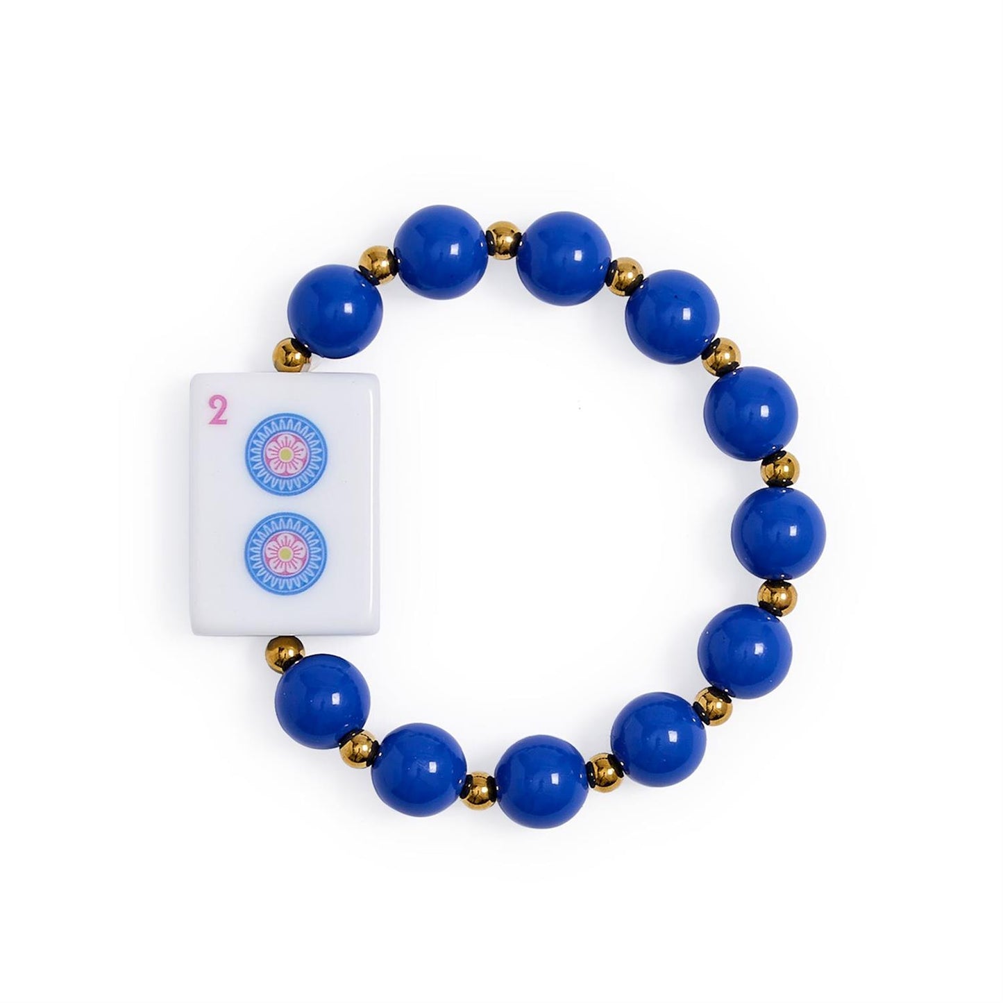 Mahjong Beaded Stretch Bracelet with round blue beads, small gold accents, and a white tile featuring two blue circles and a pink number 2. Available in multiple sizes.