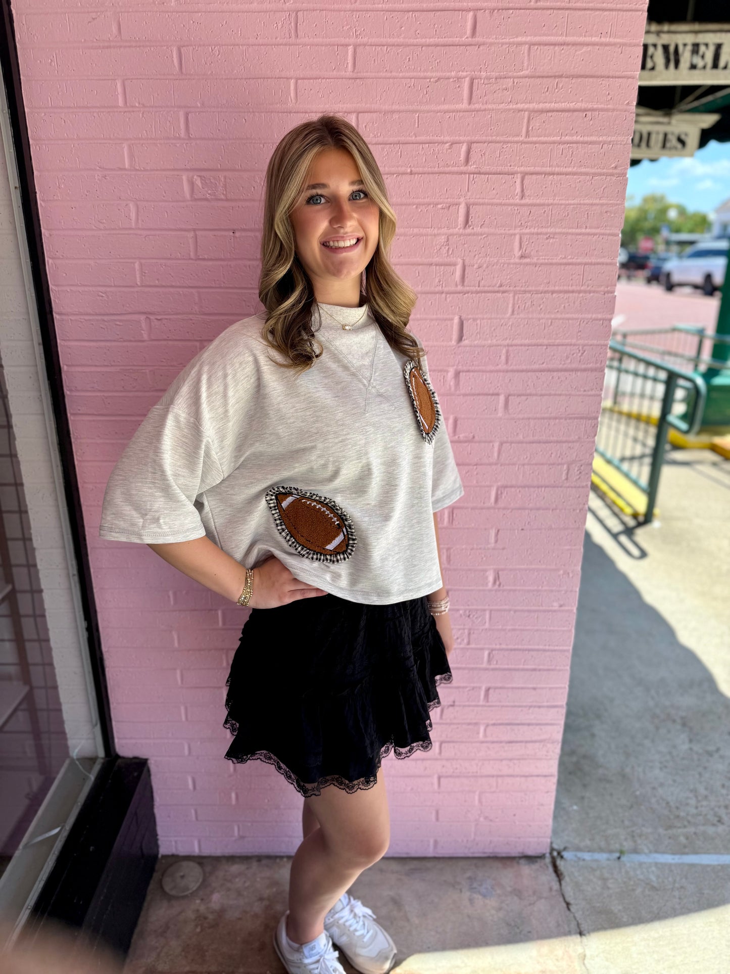 Gameday Gingham Football Patch Top, available in sizes S-XL.