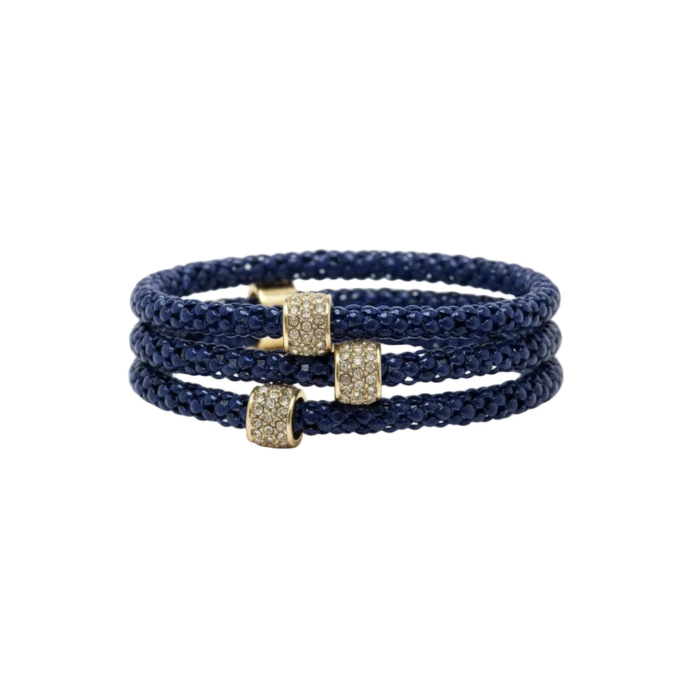 Jenny 3-Strand Snake Chain Bracelet Set: triple-wrap blue braided design, three gold cylindrical clasps with sparkling crystals. Available sizes: S, M, L.