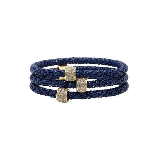 Jenny 3-Strand Snake Chain Bracelet Set: triple-wrap blue braided design, three gold cylindrical clasps with sparkling crystals. Available sizes: S, M, L.