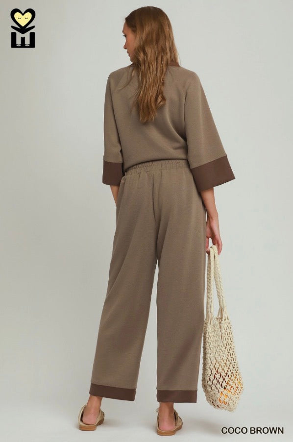 Coco Brown Colorblock Straight Pants in rich brown with darker cuffs and hems, wide-leg silhouette. Available in sizes XS–XL.