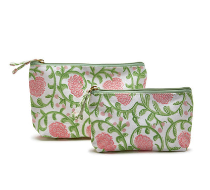 Floral Block Print Multipurpose Pouches with green leaf and pink designs, light green zippers. Two sizes: large and small.
