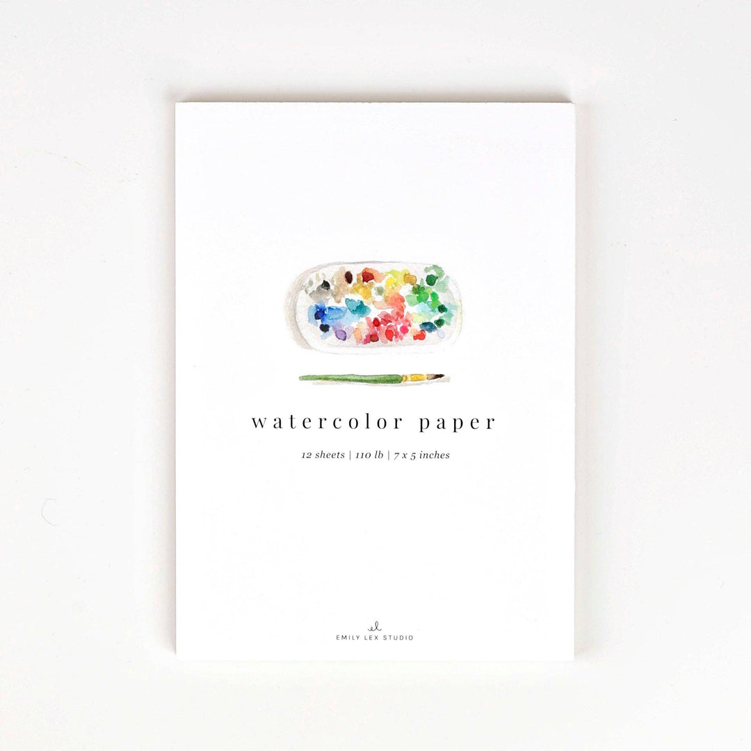 White pad labeled "Watercolor paper: 5x7", 12 cold press sheets, 110lb, size 5 x 7 inches.