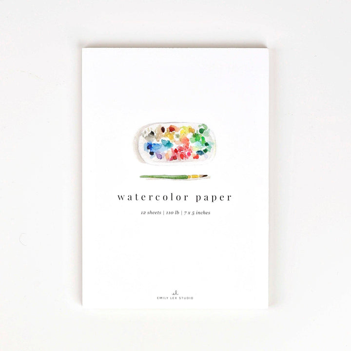 White pad labeled "Watercolor paper: 5x7", 12 cold press sheets, 110lb, size 5 x 7 inches.