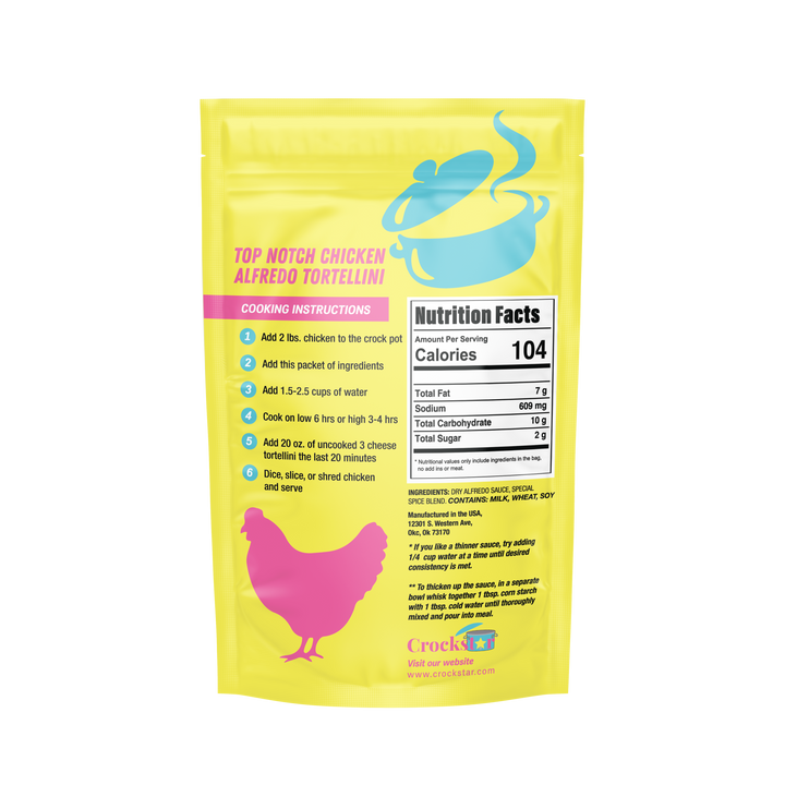 Yellow "Top Notch Chicken Alfredo Tortellini" package; includes instructions, nutrition; available in 20oz and 32oz sizes.
