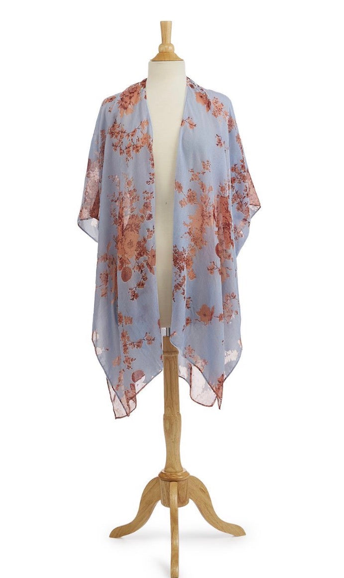 Periwinkle blue velvet kimono with a delicate brown floral pattern. Available in sizes S, M, L.