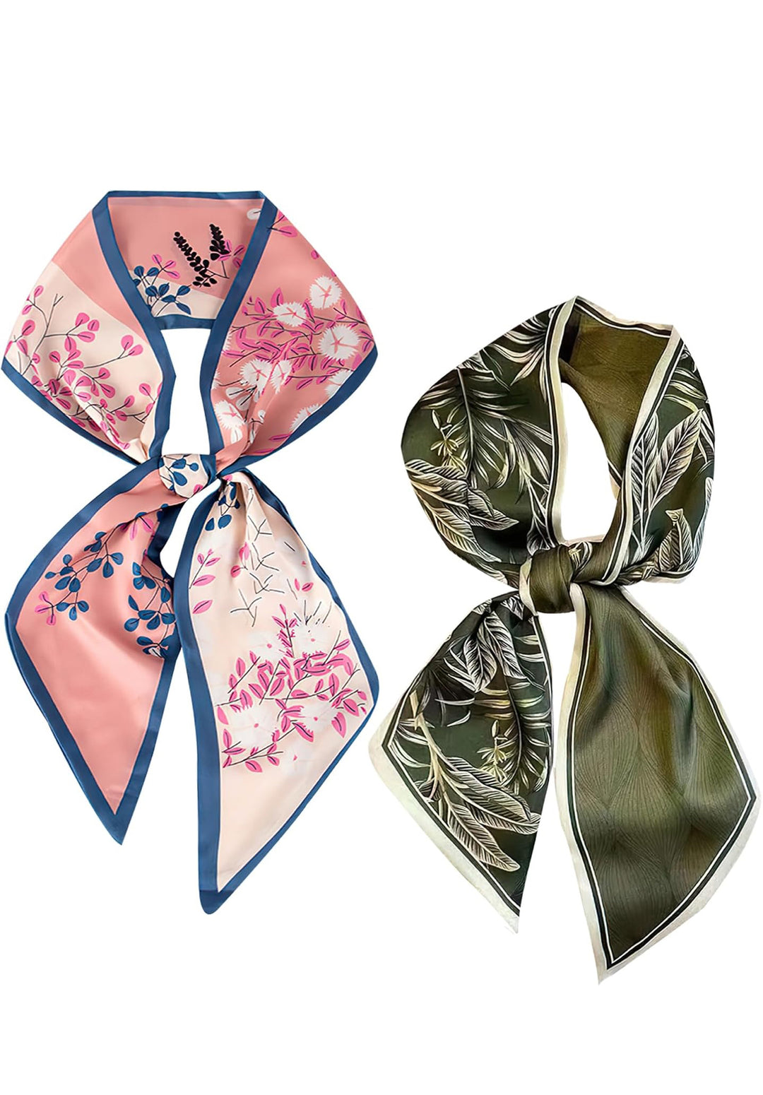 Two silk-feeling satin scarves, pink floral and green leaf print, tied together. Available sizes: 27"x27", 35"x35".