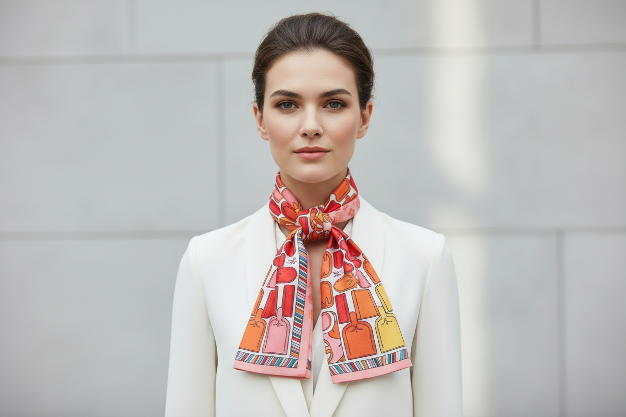 Twilly Scarf in vibrant orange, tied in a bow. Available sizes: S, M, L. Versatile accessory.