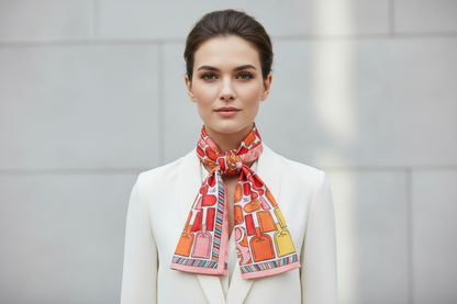 Twilly Scarf in vibrant orange, tied in a bow. Available sizes: S, M, L. Versatile accessory.