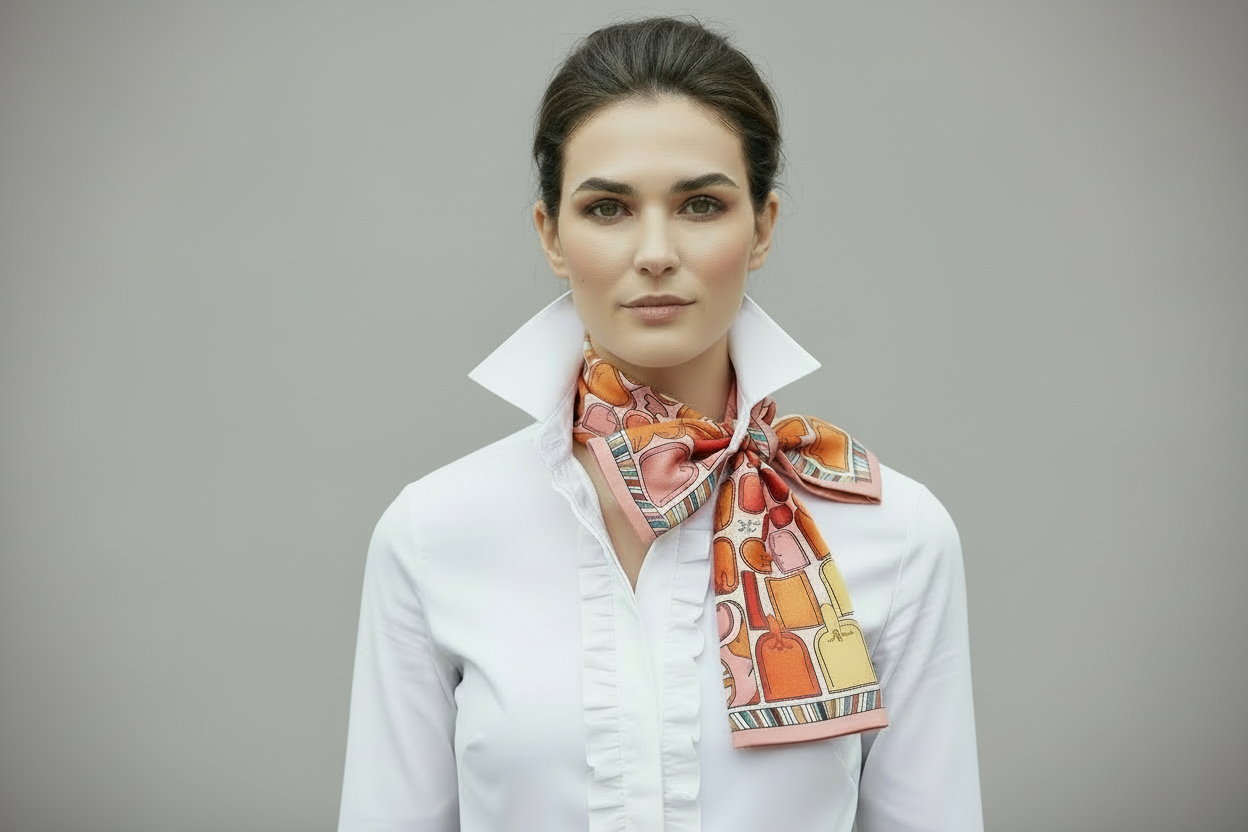 Vibrant orange Twilly Scarf tied in a bow; available sizes: 32"x2", 34"x2".